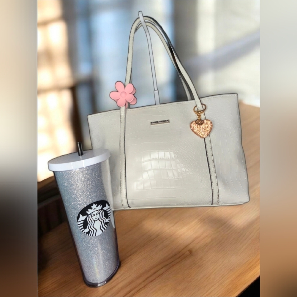 Dana Buchman Magnolia Zoe White Tote Bag With A Heart Charm & A Starbucks Cup